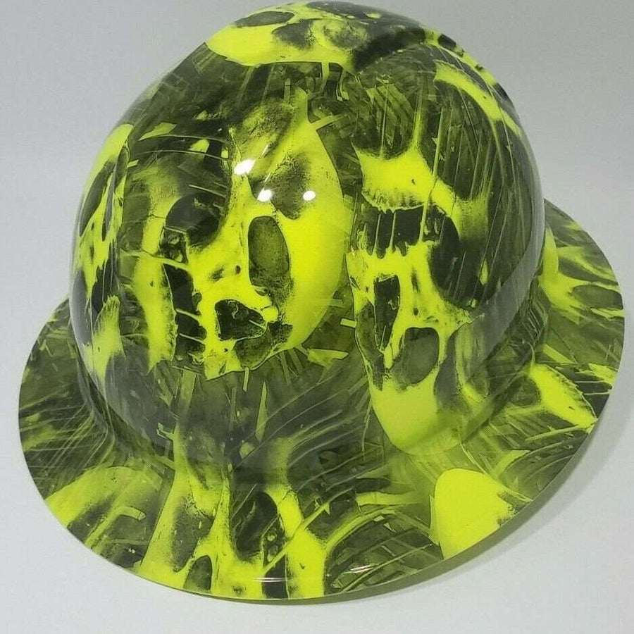 Full Brim Hard Hat Hydro Dipped HI VIS GREEN LIME MELTING SKULLS.
