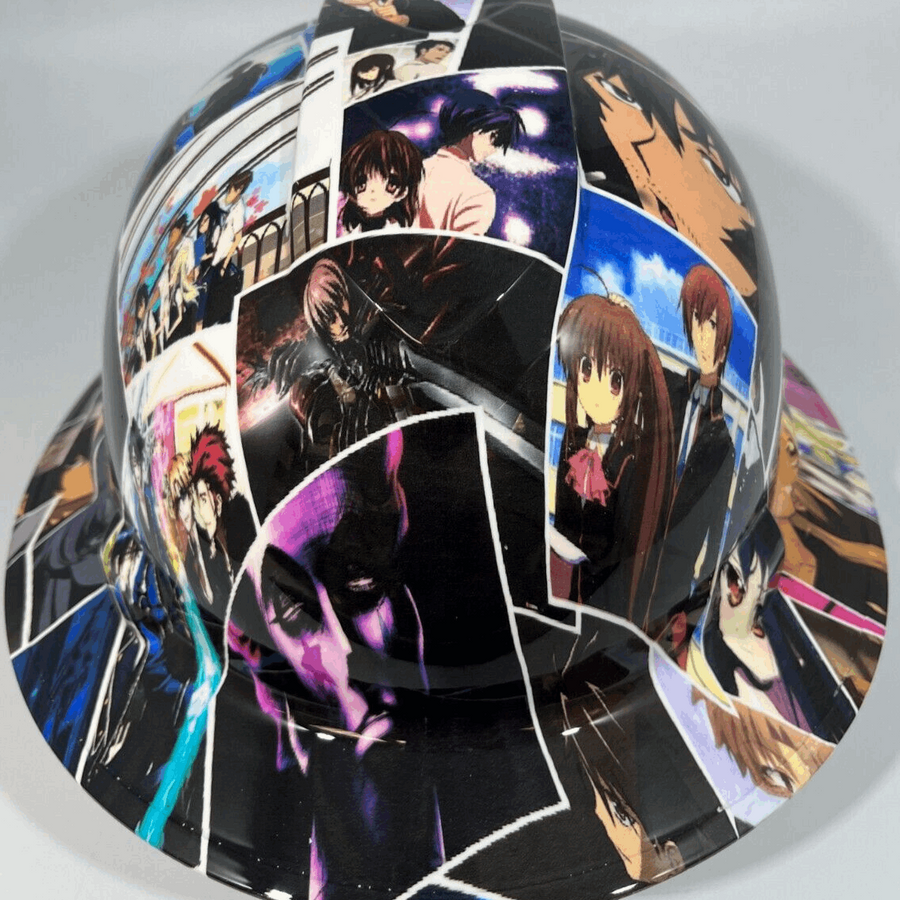 Full Brim Hard Hat Custom Hydro Dipped ANIME CROSSOVER STICKER BOMB 1