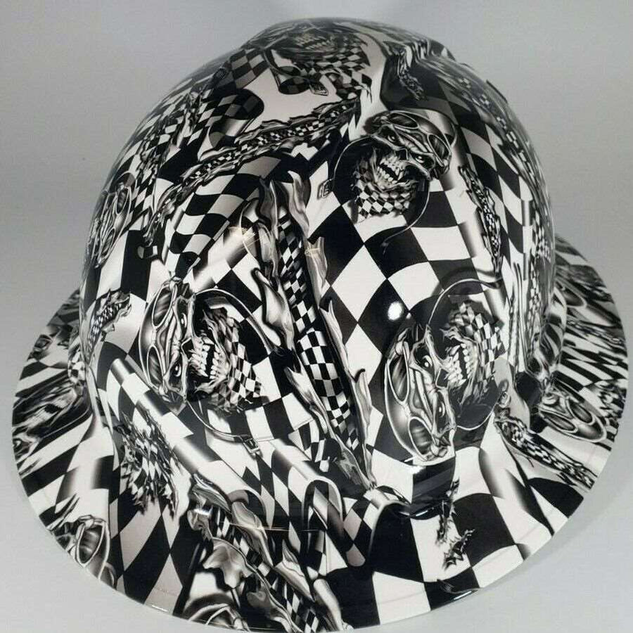 Full Brim Hard Hat Hydro Dipped RACING FLAG SKULLS
