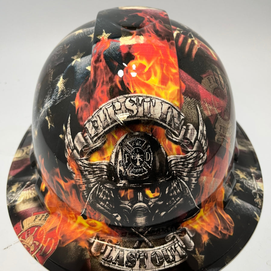Full Brim Hard Hat Hydro Dipped FIRST IN LAST OUT FIREFIGHTER