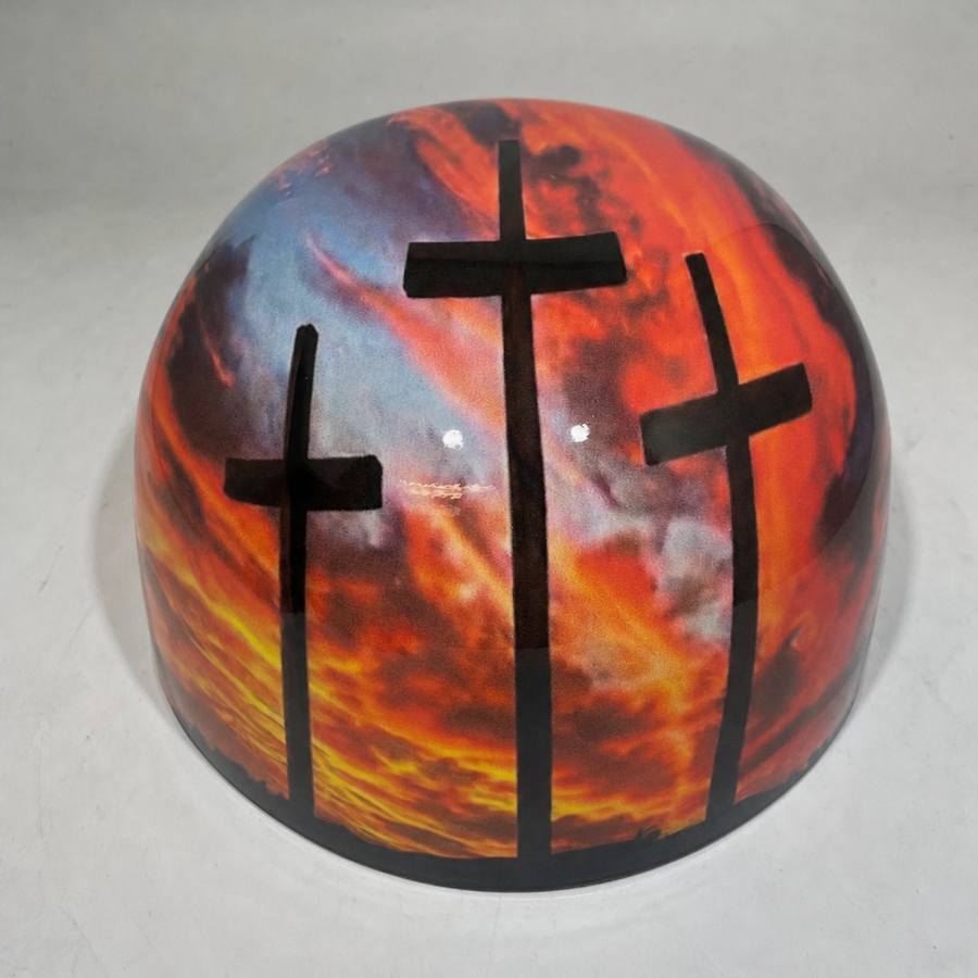 Baseball Cap Style Motorcycle Helmet Three Crosses Sunset