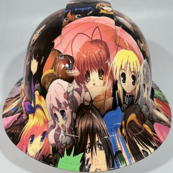 Full Brim Hard Hat Custom Hydro Dipped ANIME CROSSOVER STICKER BOMB