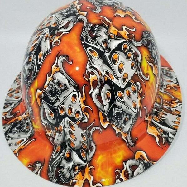 Full Brim Hard Hat Hydro Dipped ORANGE FLAMING DICE