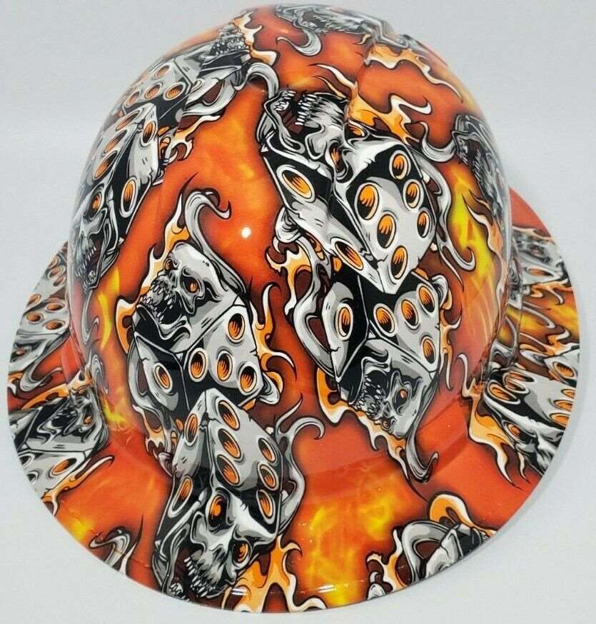 Full Brim Hard Hat Hydro Dipped ORANGE FLAMING DICE