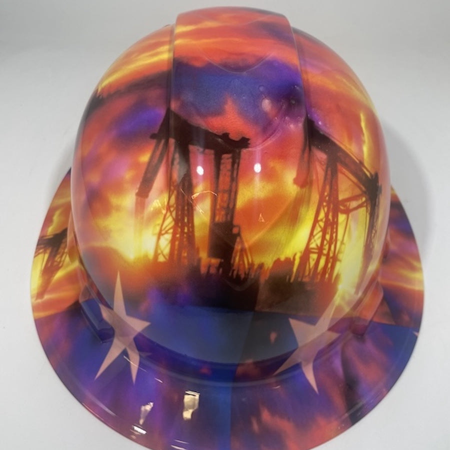 Full Brim Hard Hat Hydro Dipped Texas Flag Texas Sunset Oil Rigs