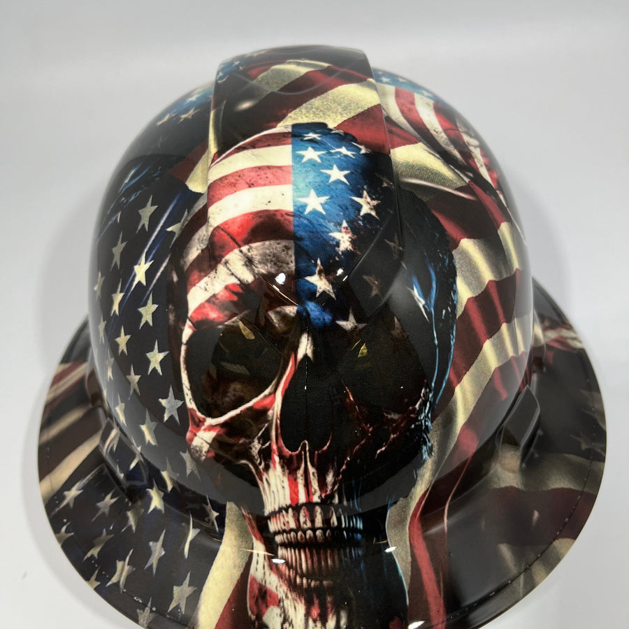 Full Brim Hard Hat Hydro Dipped American Flag Bad Ass Skull